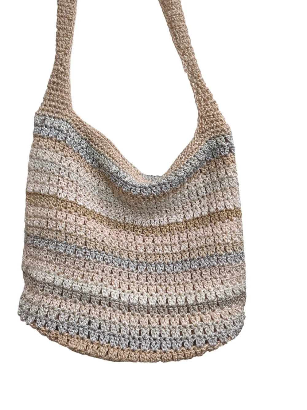 The Sak Crochet Hobo Shoulder Bag Neutral Striped Knit Boho Slouch Crossbody